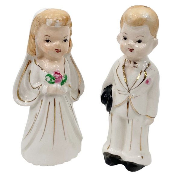 Vintage Salt Pepper Shaker Set Bride Groom Wedding Cake Topper Couple Japan MCM - Picture 13 of 13